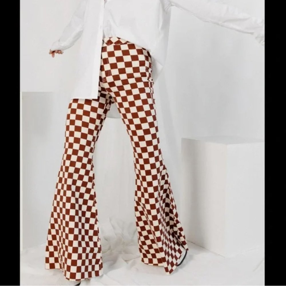 NWT! Free People Just Float On Flare Jean Checked Brandy Frayed | Size 27